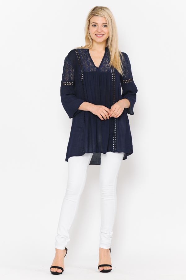 Tunic 3/4 Sleeves Crochet & lace WorkNavy